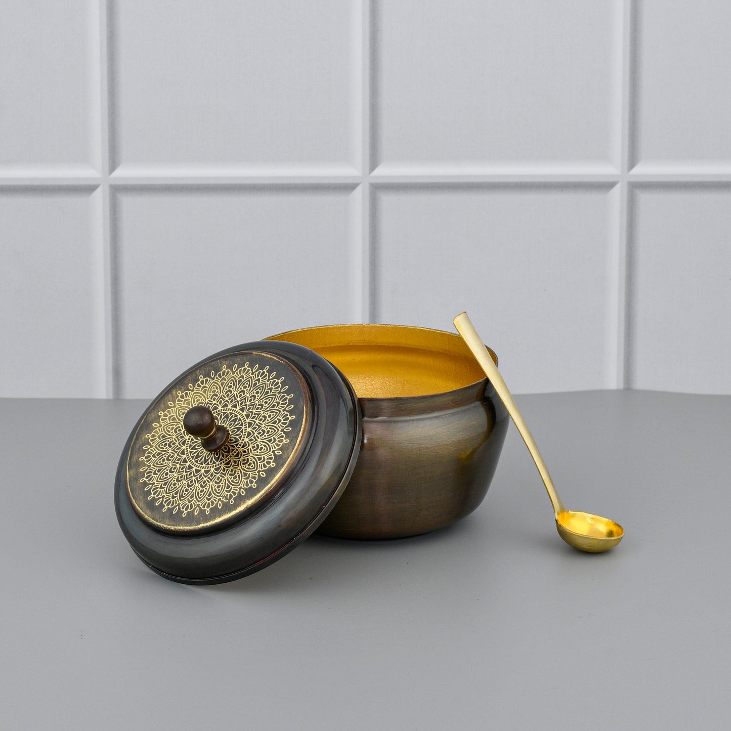 Brass Ghee Pot With Spoon - Antique Etching