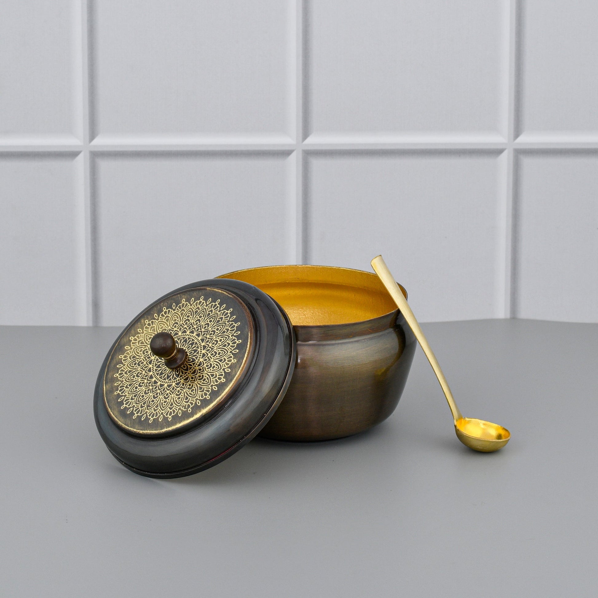 Brass Ghee Pot With Spoon - Antique Etching - Eco-friendly - Sama Homes