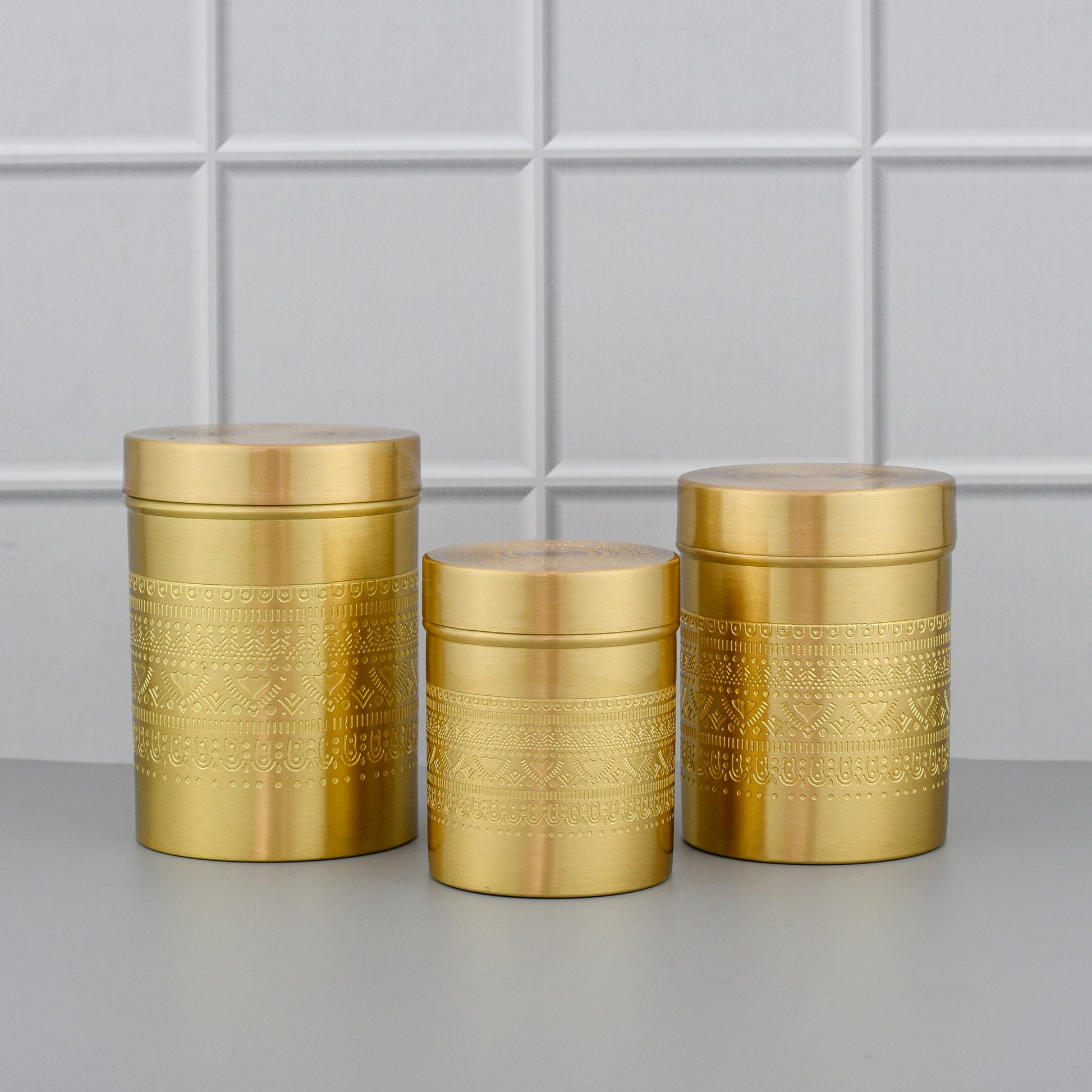 3-Piece Brass Tea, Coffee & Sugar Canister Set – Hand-Etched Storage Jars | Matte Finish | 350ML–750ML – Image 2 - Image 2