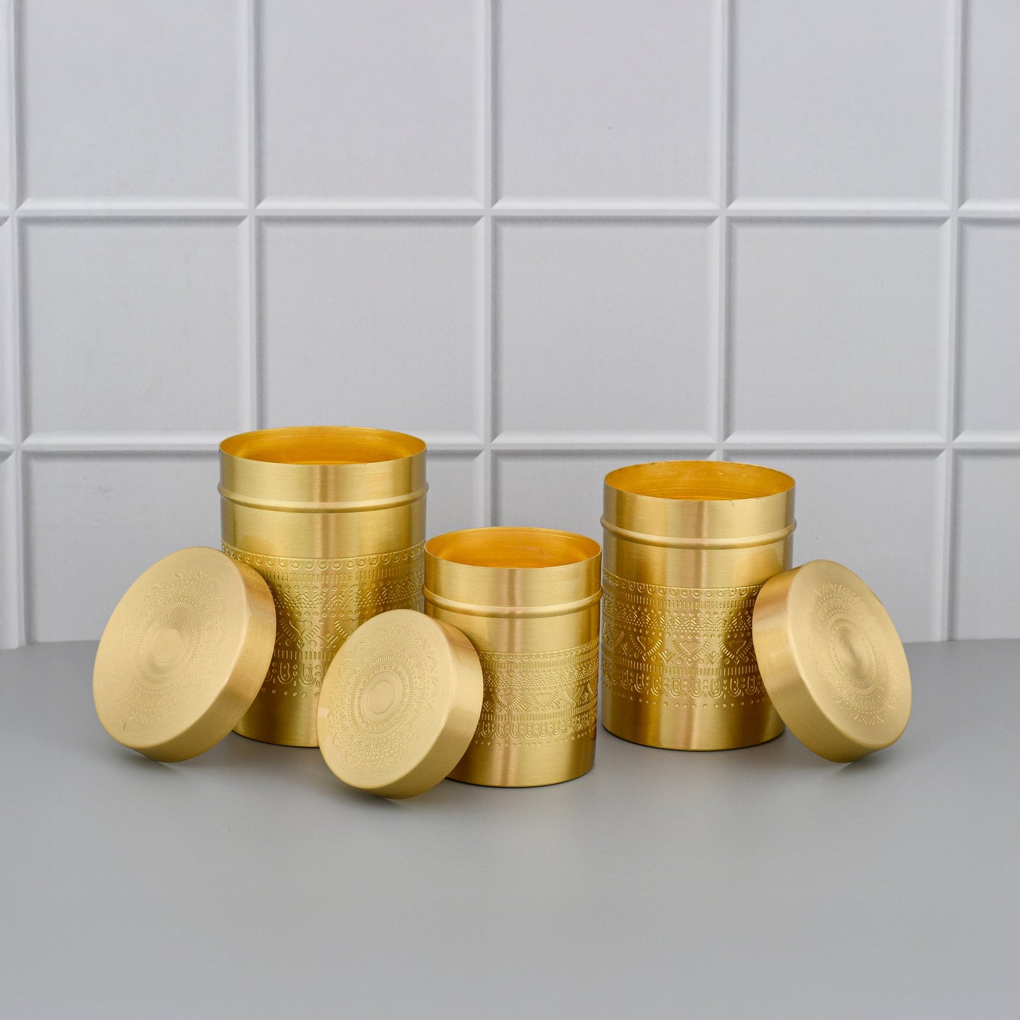 3-Piece Brass Tea, Coffee & Sugar Canister Set – Hand-Etched Storage Jars | Matte Finish | 350ML–750ML – Sama Homes