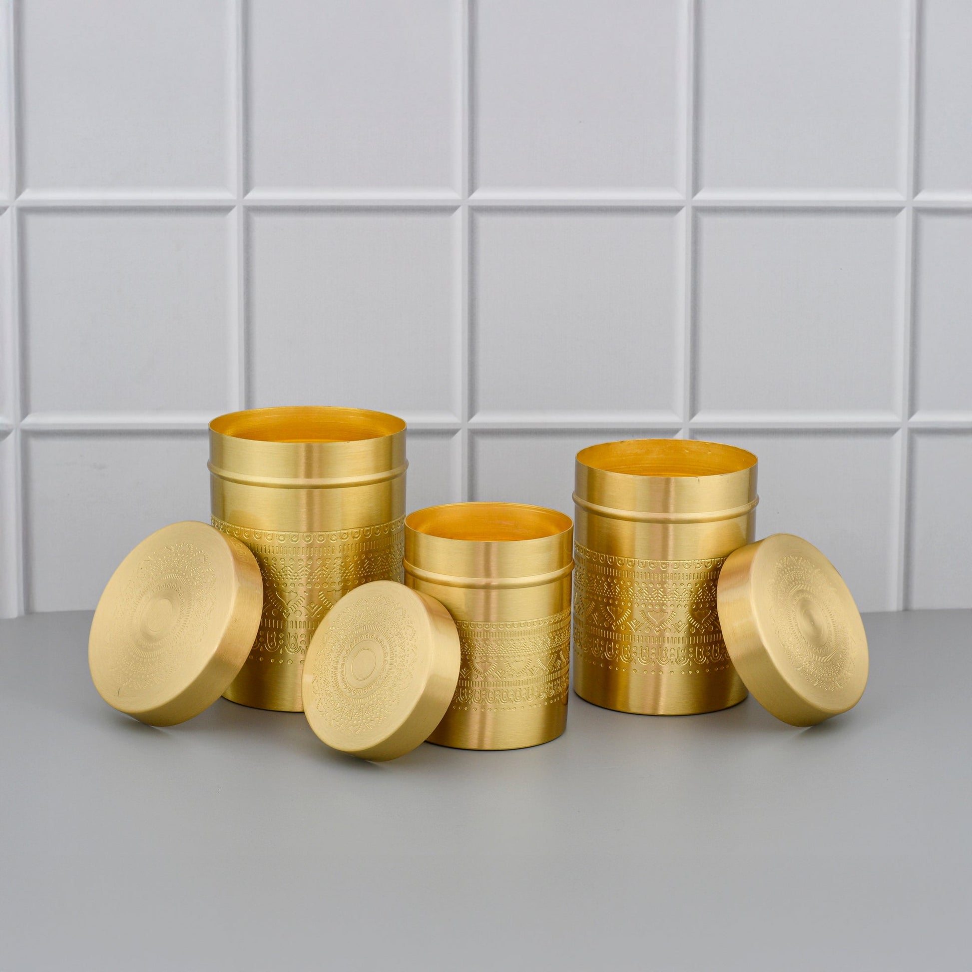 3-Piece Brass Tea, Coffee & Sugar Canister Set – Hand-Etched Storage Jars | Matte Finish | 350ML–750ML – Sama Homes - Eco-friendly - Sama Homes