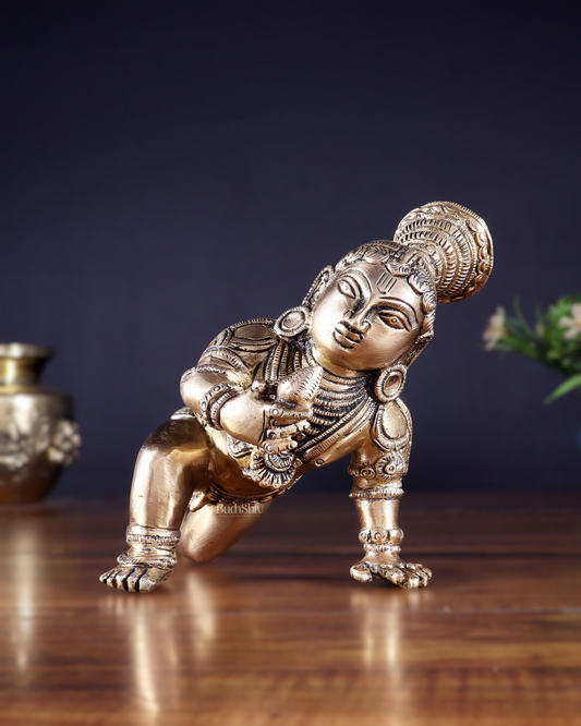 Unique Pure Brass Large Bal Gopal Baby Krishna Idol – 8” wide - Sama Homes Idol - Brass Sculpture