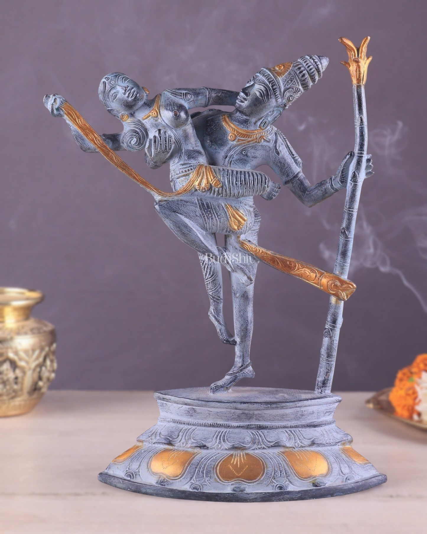 Brass Superfine Dancing Rati and Kaamdeva 13 inch grey sandstone finish | 100% Certified Copper & Brass - Sama Homes Idol - Brass Sculpture