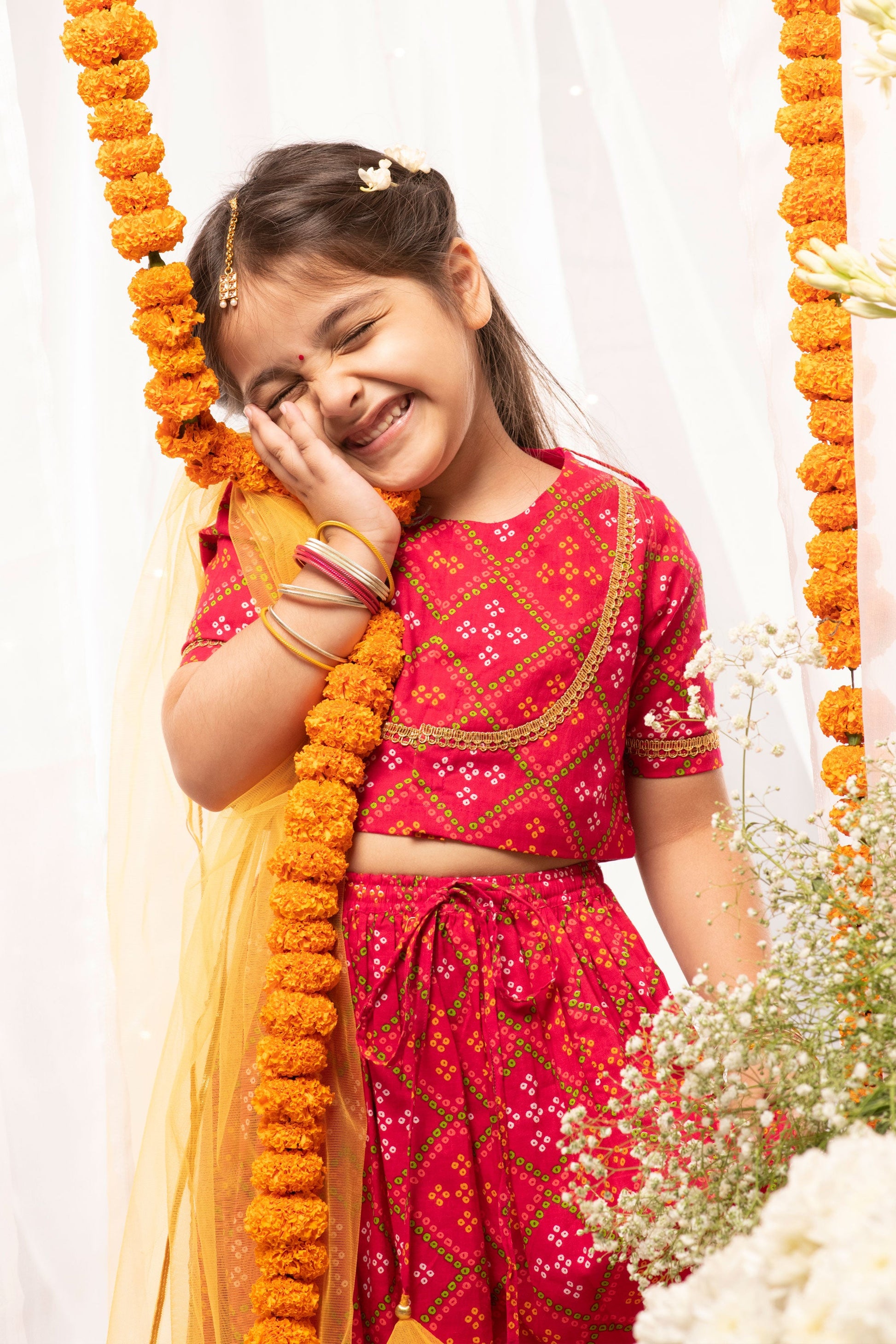 Girls Pink Printed Bandhani Lehenga Set - Eco-friendly - Sama Homes