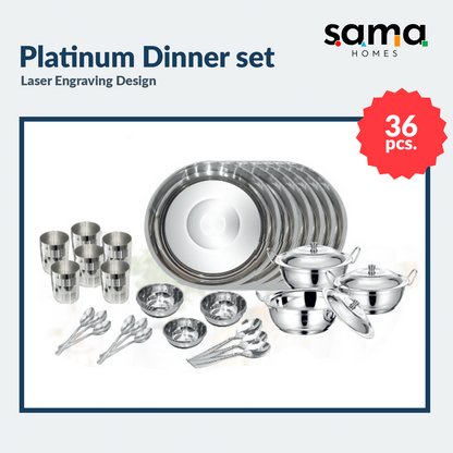 Steel Platinum Dinner Set 36 Pieces Laser engraving Design | Family Dinnerware set