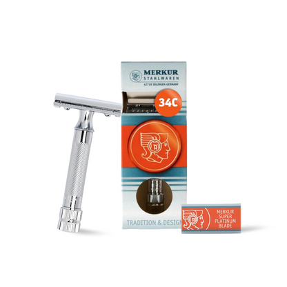 Merkur 34C 2-Piece DE Safety Razor, Closed Comb, Knurled Extra Thick Handle (HD), Chrome by Merkur - Double Edge Safety Razors