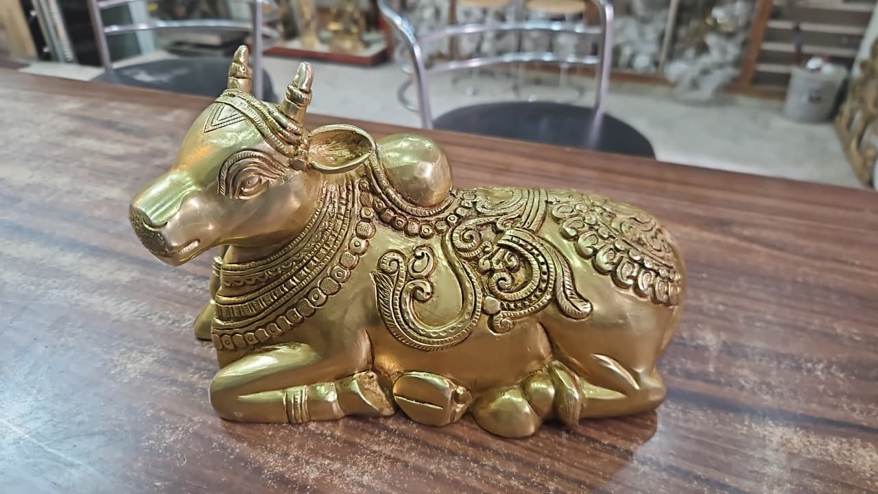 Pure Brass Nandi Idol sitting posture for home Vastu.