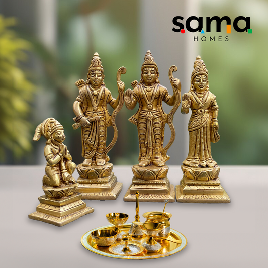 Exquisite Ram Darbar Brass Statue Including Sita, Lakshman, and Hanuman Idols with Pooja Thali
