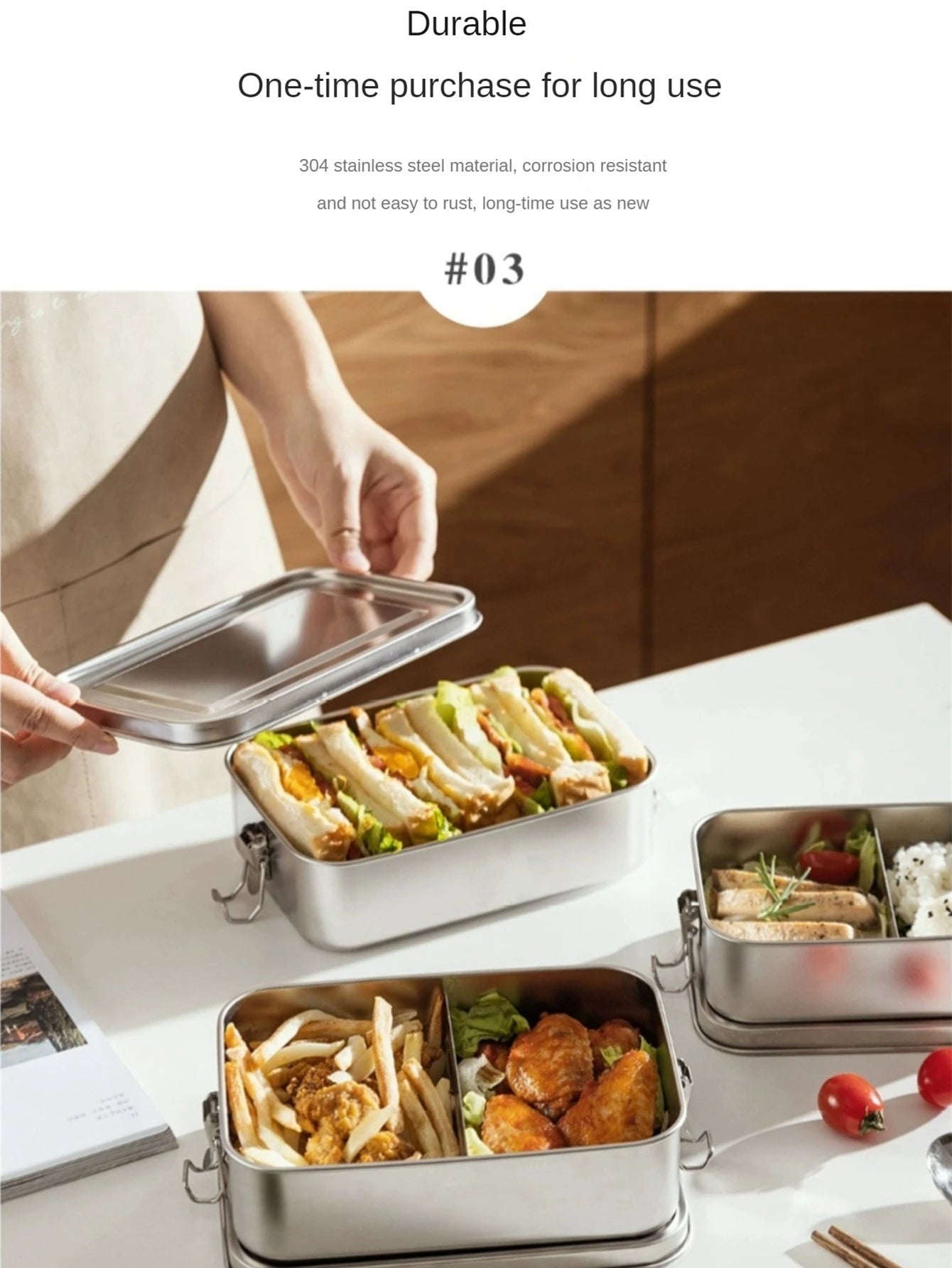 Stainless Steel Square Lunch Box Sealed Insulation Bento Box Lunch Box Canteen Large Capacity Compartment Lunch Box – Image 8