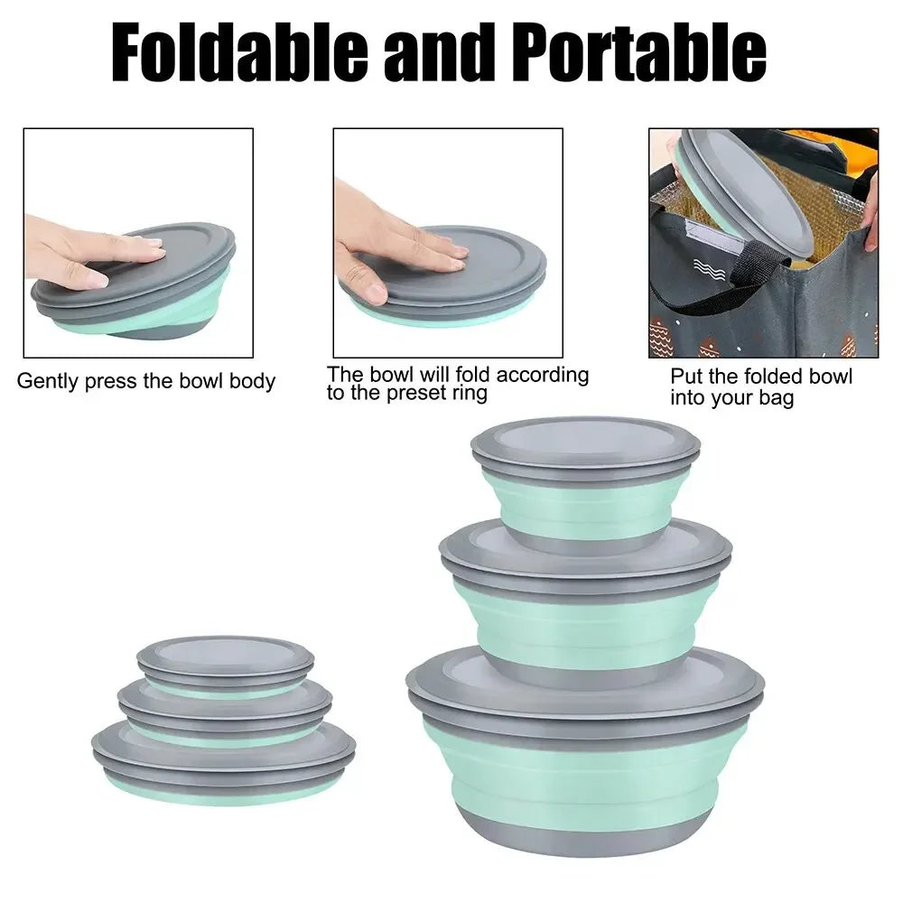 3-piece set with lid salad bowl set  silicone folding bowl foldable lunch box  portable – Image 6