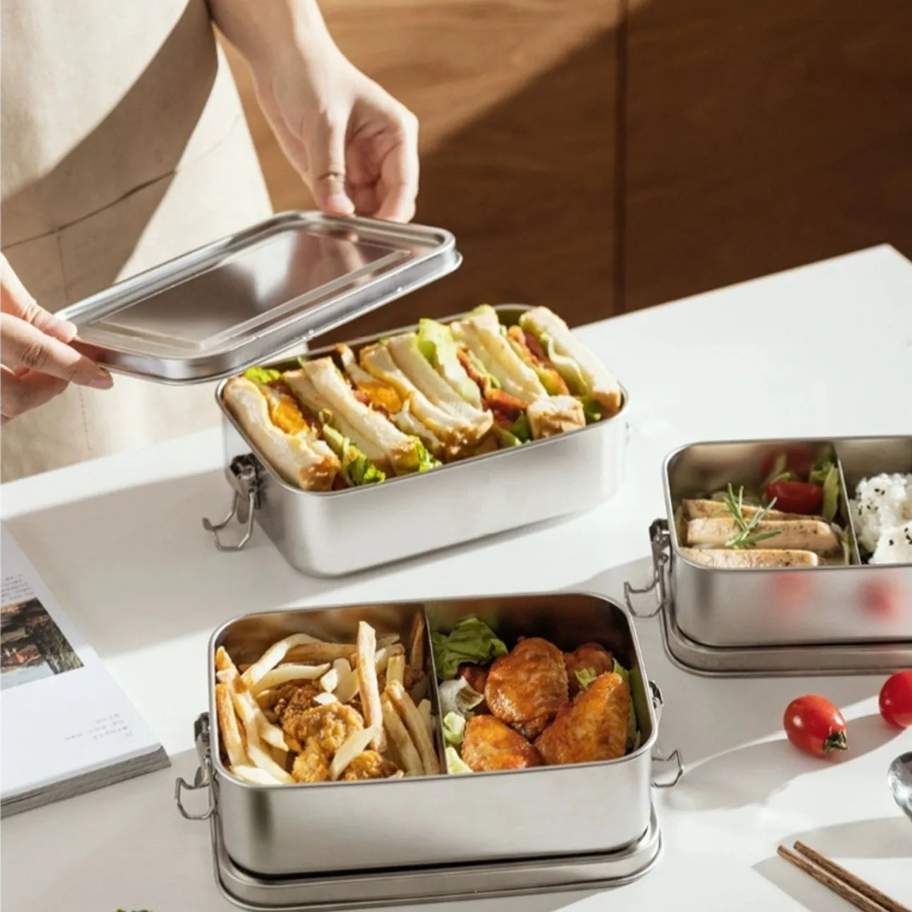 Stainless Steel Square Lunch Box Sealed Insulation Bento Box Lunch Box Canteen Large Capacity Compartment Lunch Box – Sama Homes - Image 2