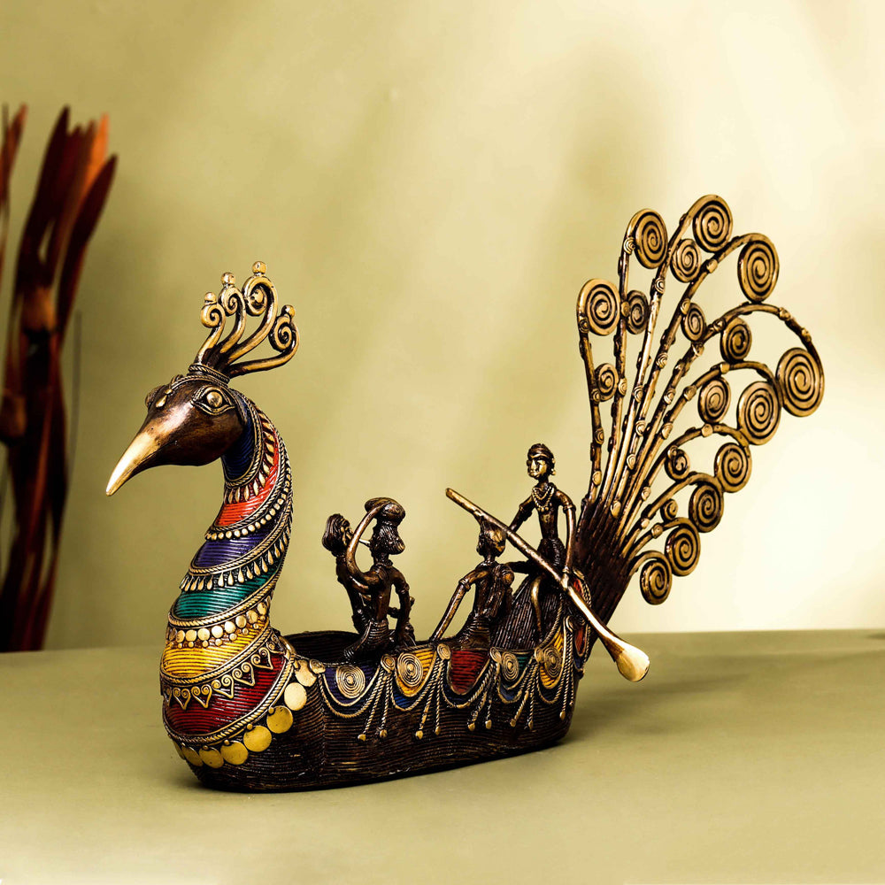 Brass Dhokra Peacock Five Men Boat (13 Inch) - Eco-friendly - Sama Homes