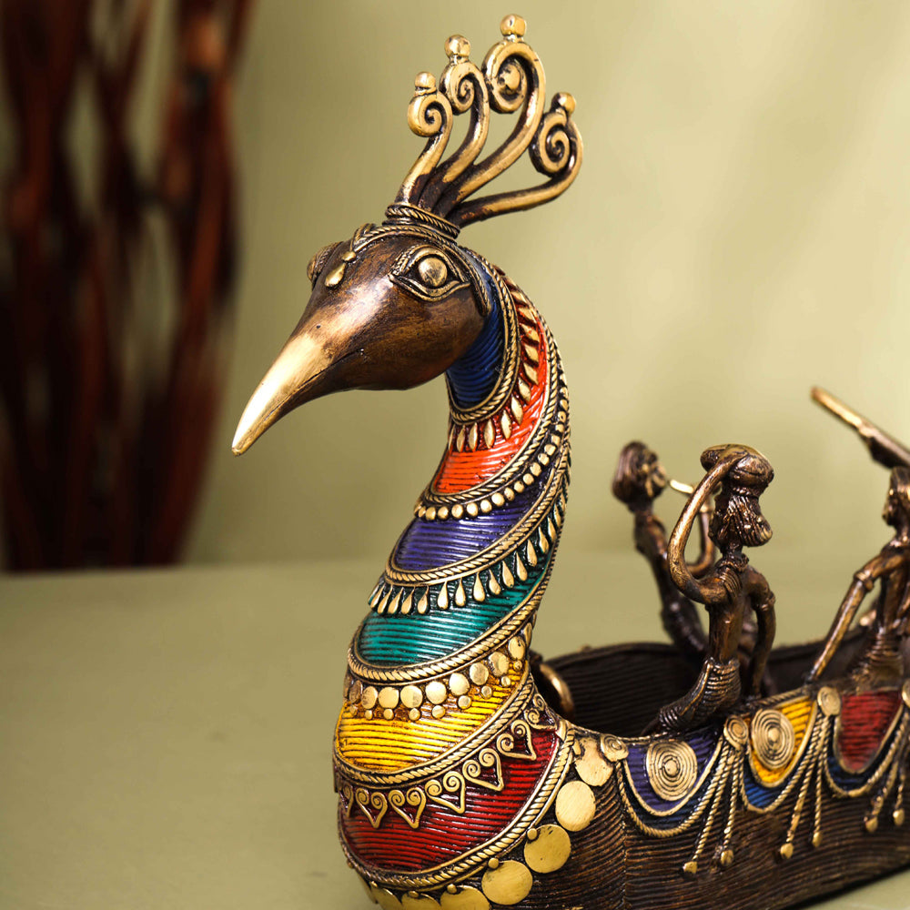 Brass Dhokra Peacock Five Men Boat (13 Inch) - Image 2