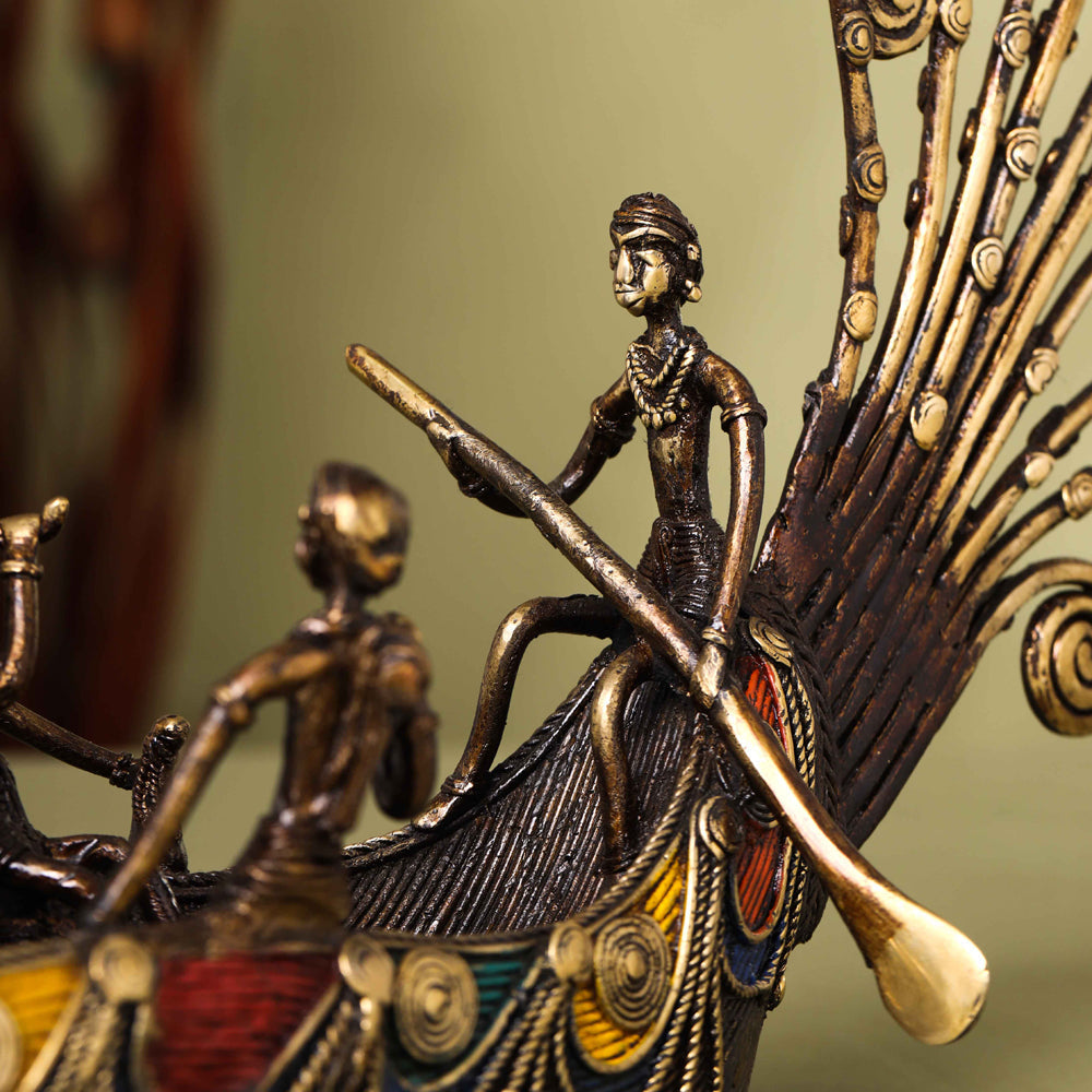 Brass Dhokra Peacock Five Men Boat (13 Inch) - Image 4