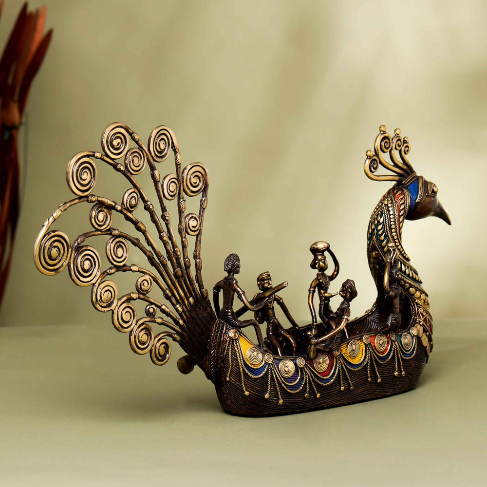 Brass Dhokra Peacock Five Men Boat (13 Inch) - Image 3