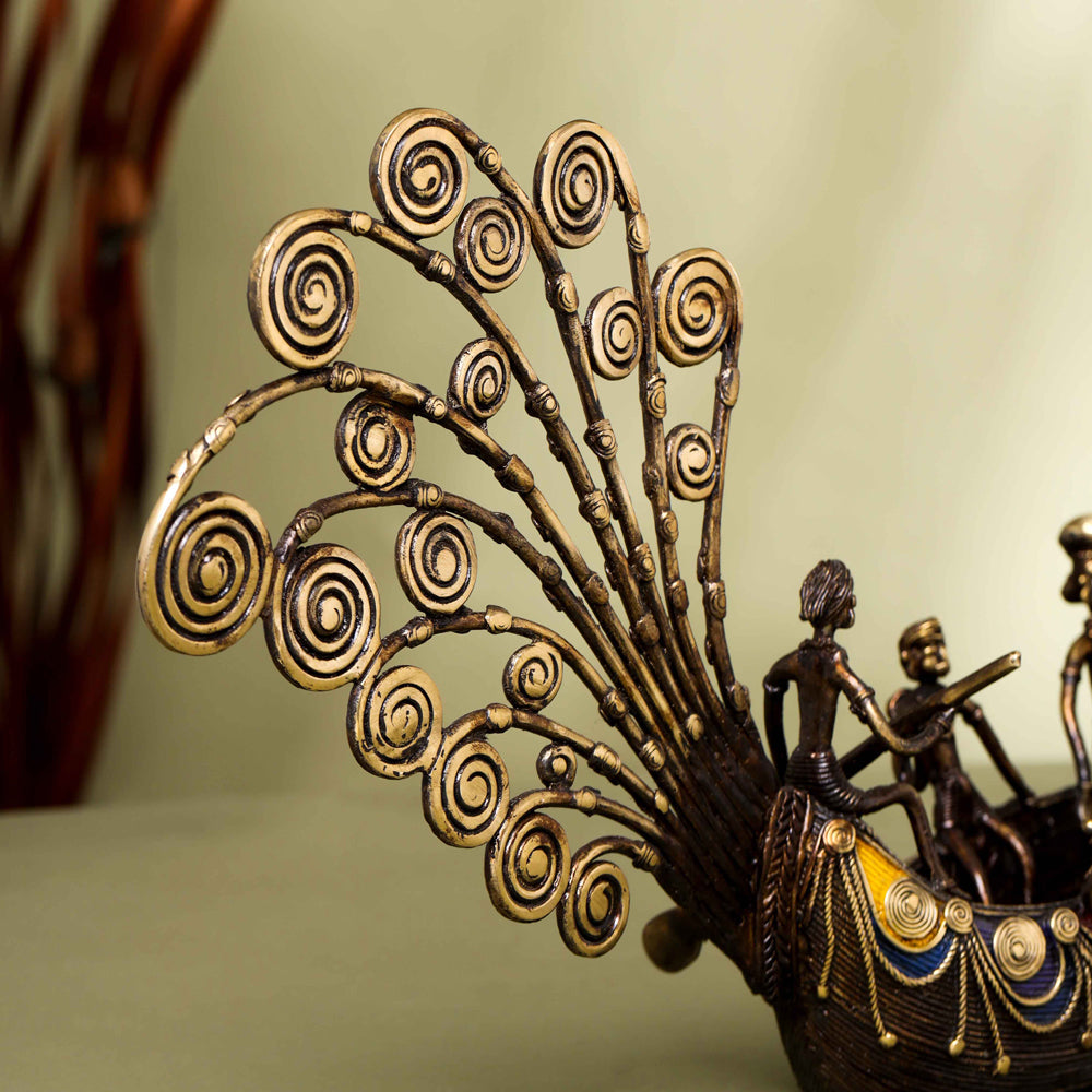 Brass Dhokra Peacock Five Men Boat (13 Inch) - Image 7