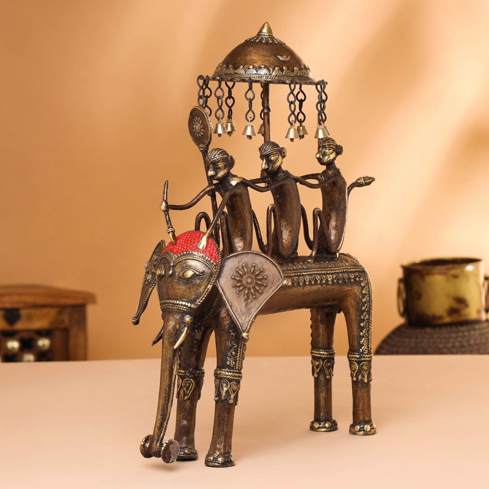 Brass Dhokra Three Monkey Elephant Statue (17.5 Inch) - Eco-friendly - Sama Homes