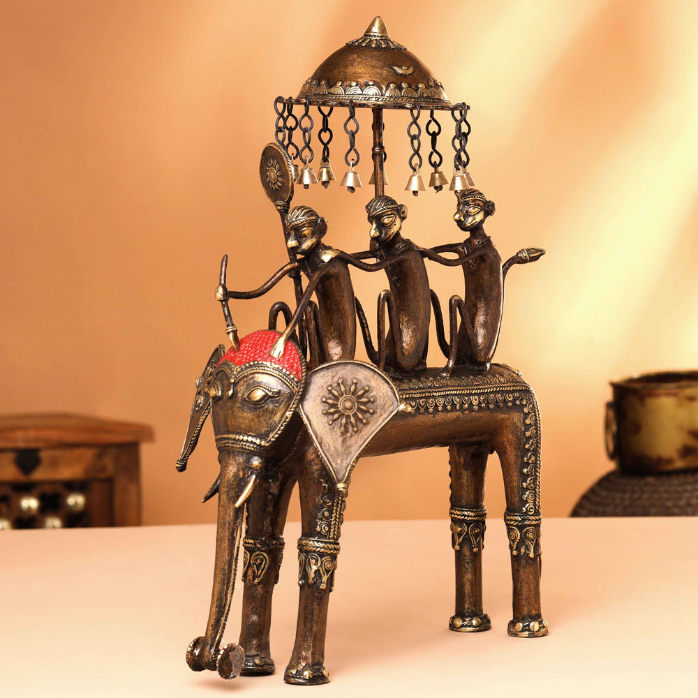 Brass Dhokra Three Monkey Elephant Statue (17.5 Inch) - Image 4