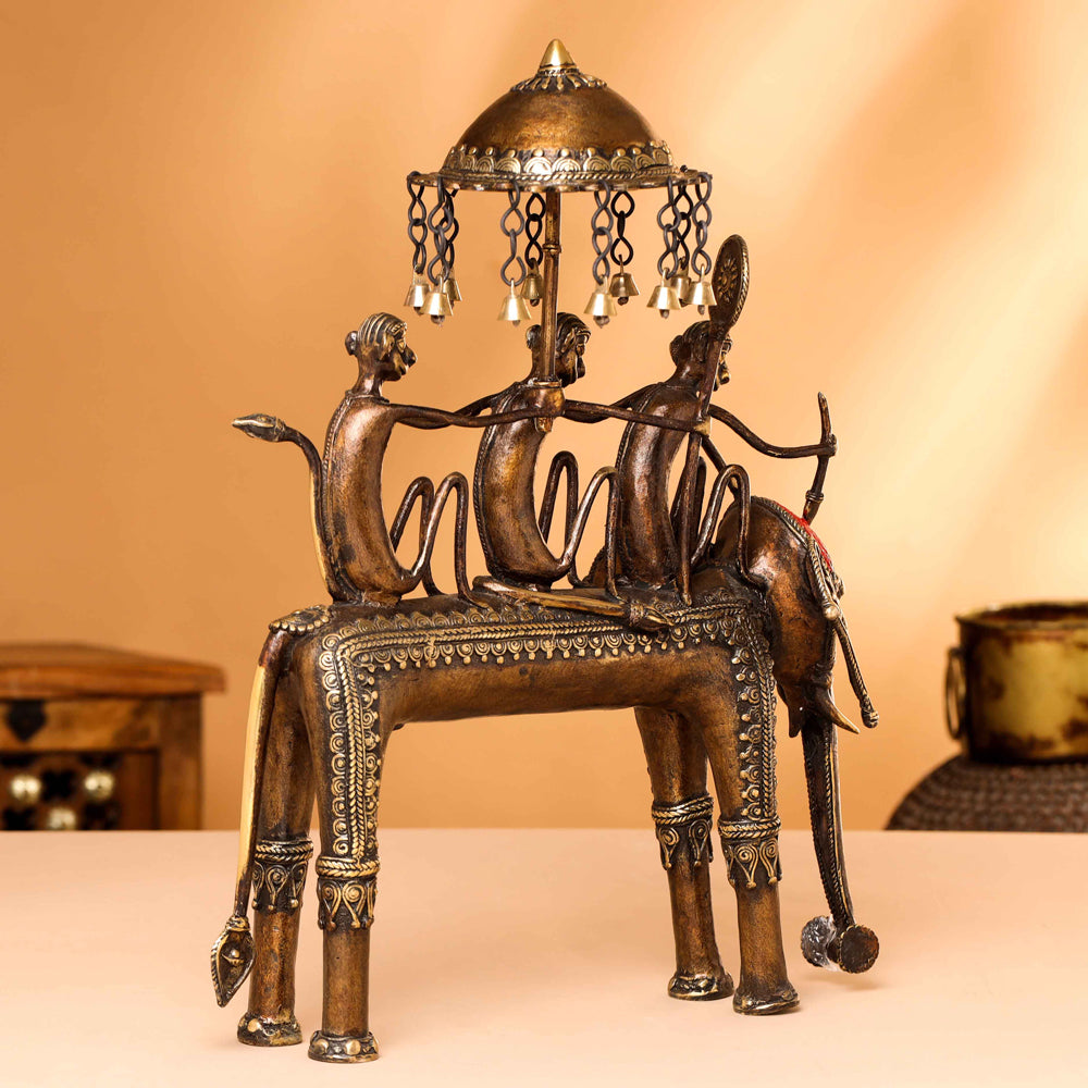 Brass Dhokra Three Monkey Elephant Statue (17.5 Inch) - Image 3