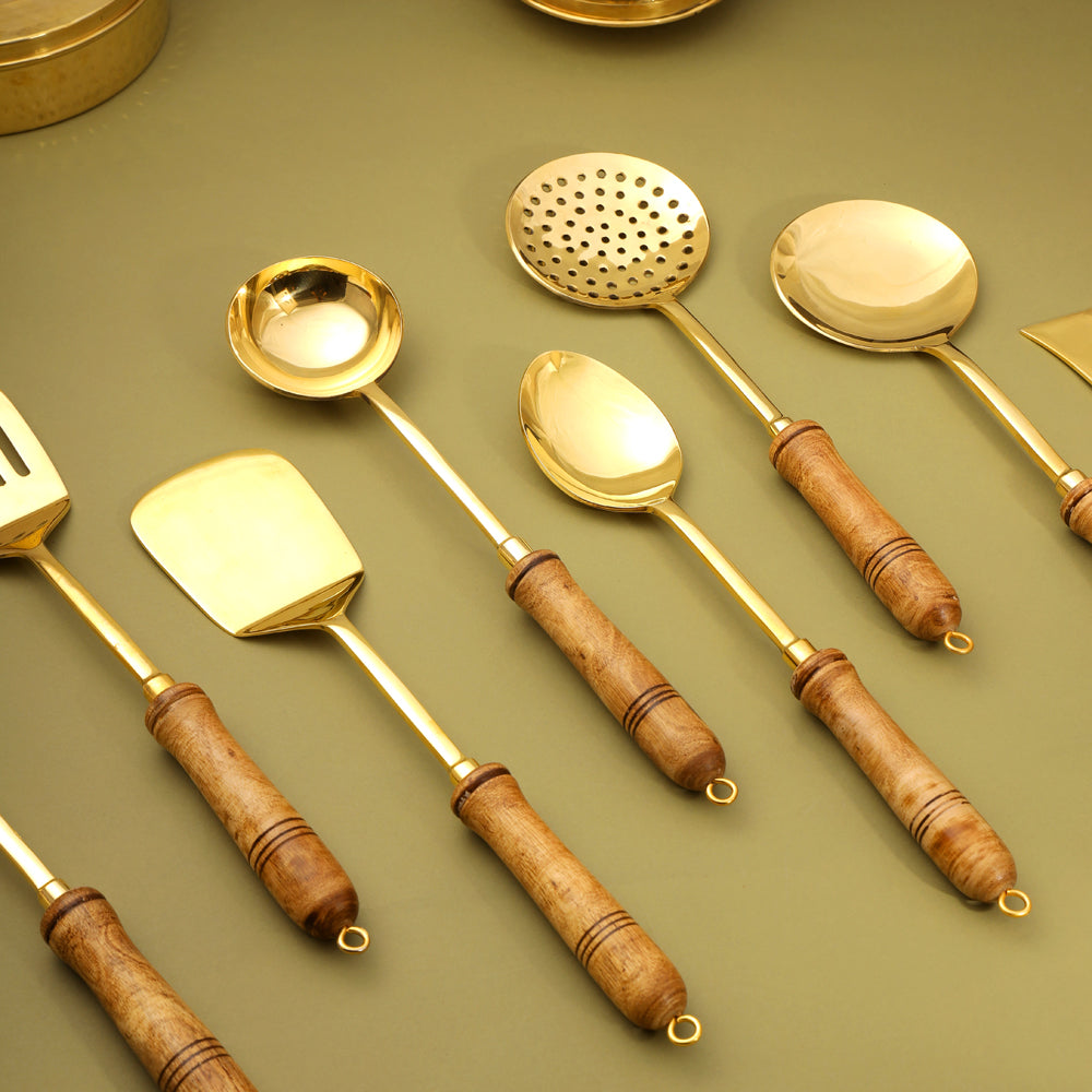 Handcrafted brass kitchen ladle set with wooden handles 8 piece