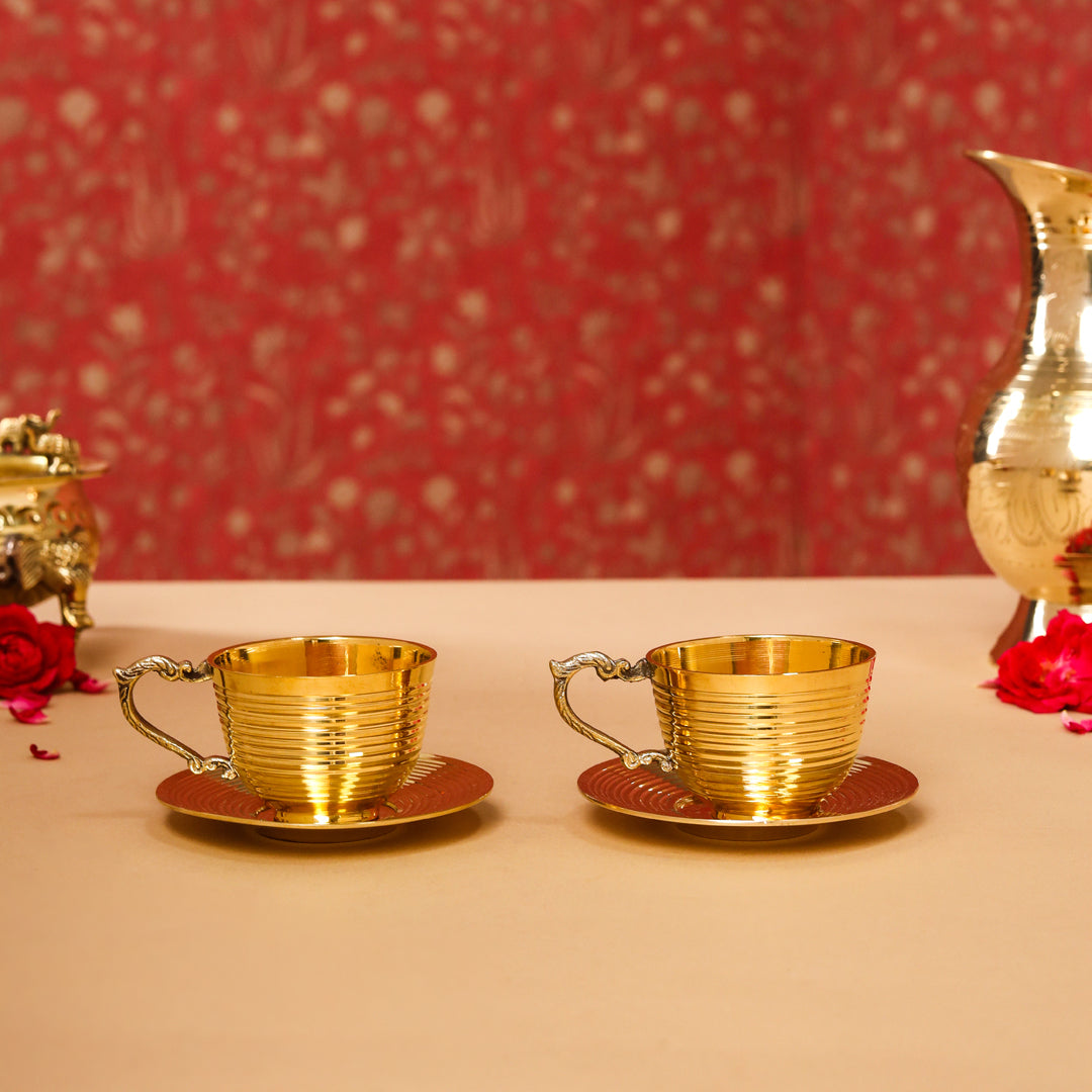 Handcrafted Brass Tea Cups with Saucers – 2-Piece Set | 150 ML | Artisan Dining Tableware – Sama Homes