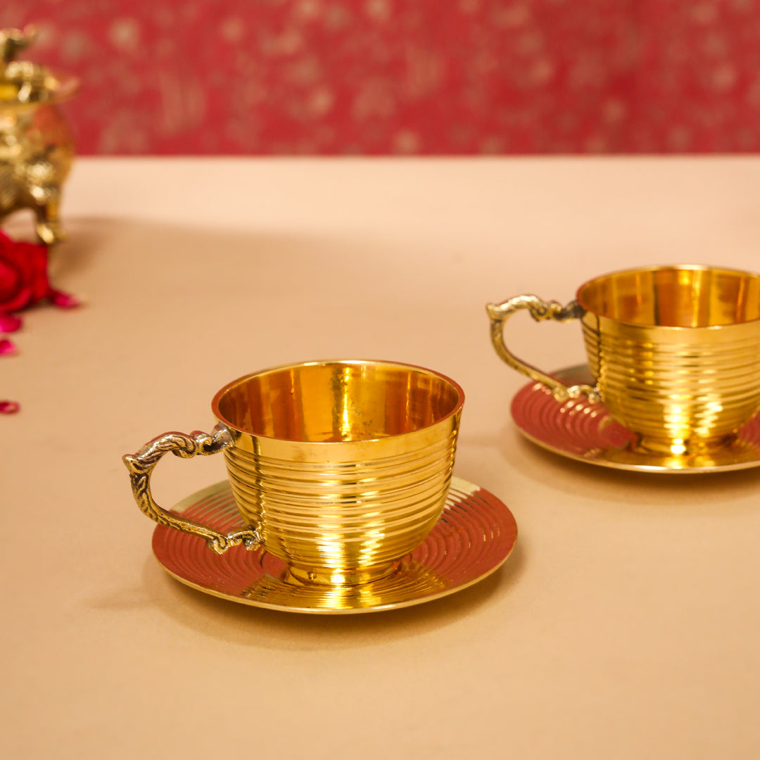 Handcrafted Brass Tea Cups with Saucers – 2-Piece Set | 150 ML | Artisan Dining Tableware – Image 2