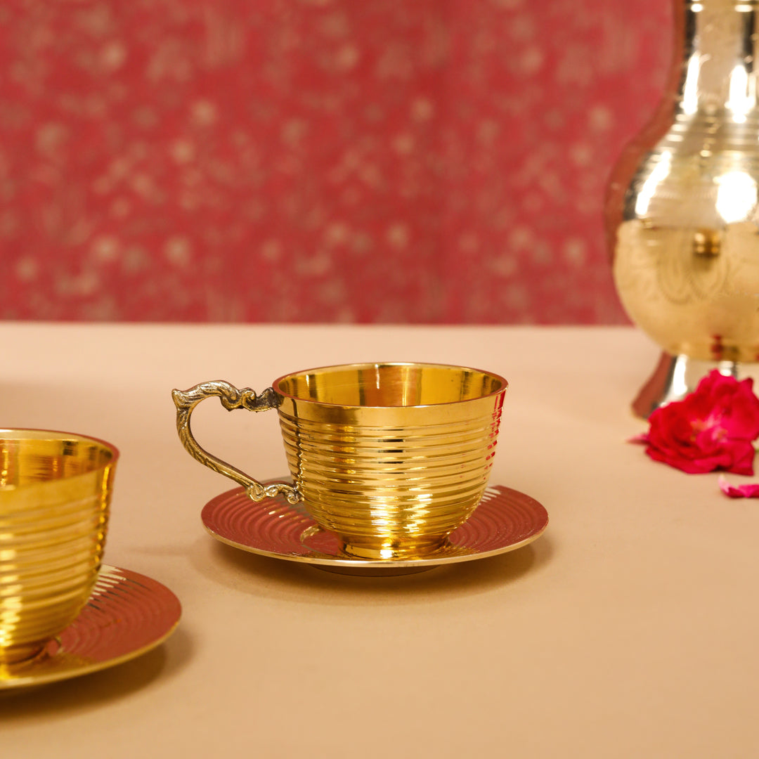 Handcrafted Brass Tea Cups with Saucers – 2-Piece Set | 150 ML | Artisan Dining Tableware – Image 3