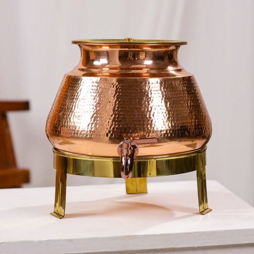 Handcrafted 8L Pure Copper Water Dispenser - Hammered Ayurvedic Pot with Tap