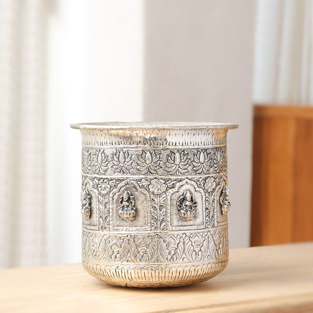 Silver Plated Brass Ashtalakshmi Decorative Pot – Traditional Handcrafted Indian Décor | Available in 3 Sizes – Image 7 - Eco-friendly - Sama Homes