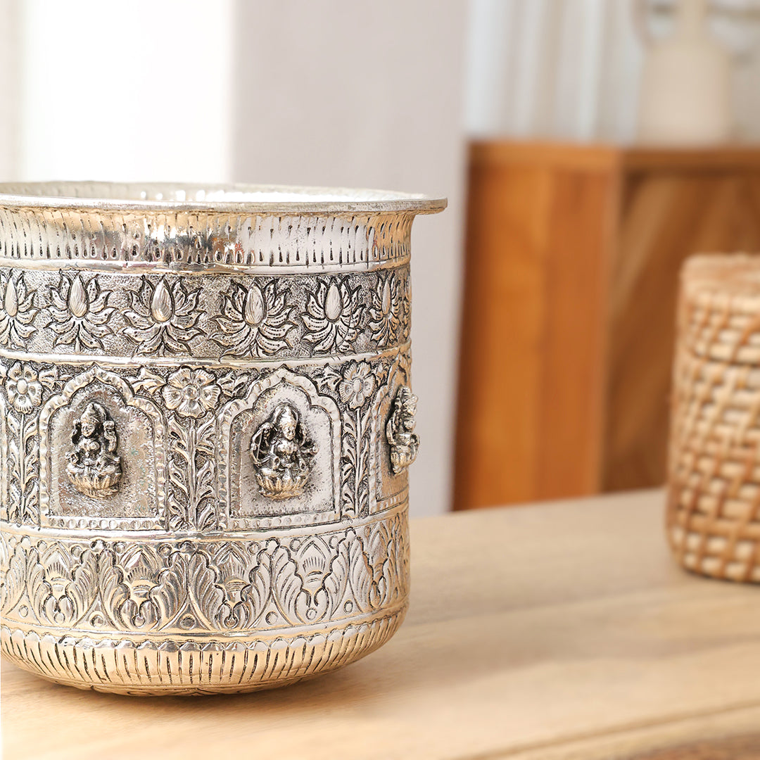 Silver Plated Brass Ashtalakshmi Decorative Pot – Traditional Handcrafted Indian Décor | Available in 3 Sizes – Sama Homes - Image 2