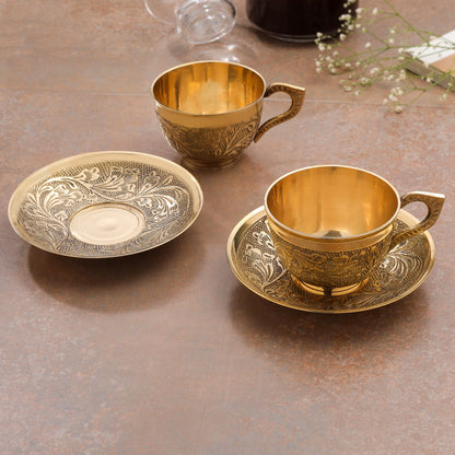 Handcrafted Brass Tea Cups with Saucers – 5 Inch | Traditional Indian Brass Drinkware, 2 Sets – Sama Homes
