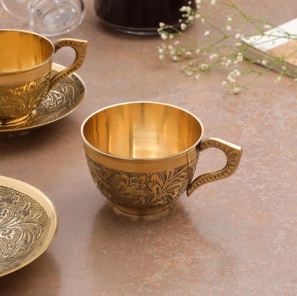 Handcrafted Brass Tea Cups with Saucers – 5 Inch