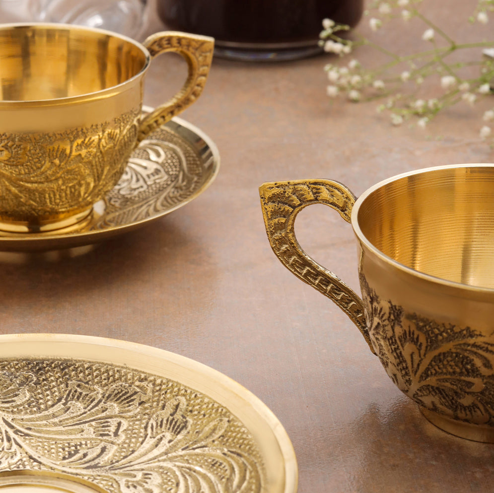 Handcrafted Brass Tea Cups with Saucers – 5 Inch | Traditional Indian Brass Drinkware, 2 Sets – Image 3