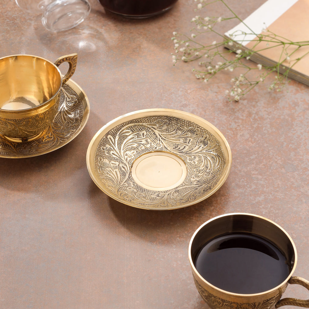 Handcrafted Brass Tea Cups with Saucers – 5 Inch | Traditional Indian Brass Drinkware, 2 Sets – Image 5 - Image 5
