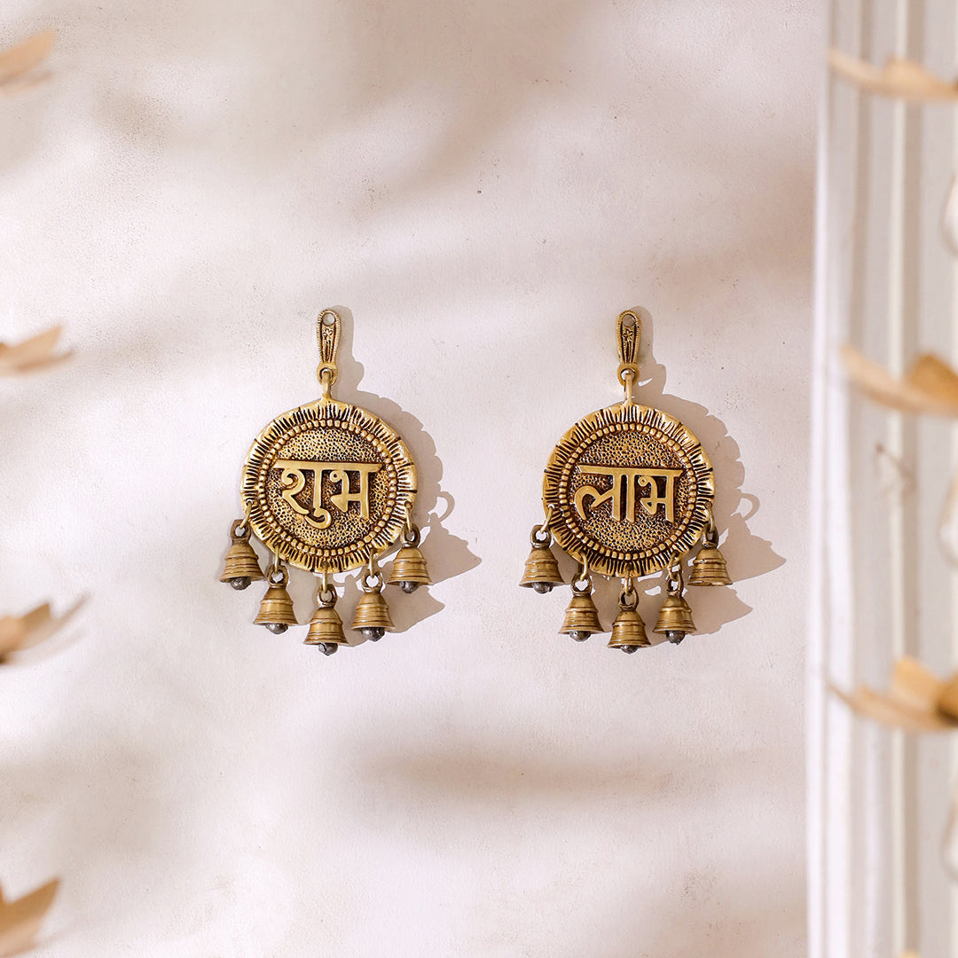 Brass "Shubh Labh" Hanging Bells Wall Decor – Pair - Eco-friendly - Sama Homes