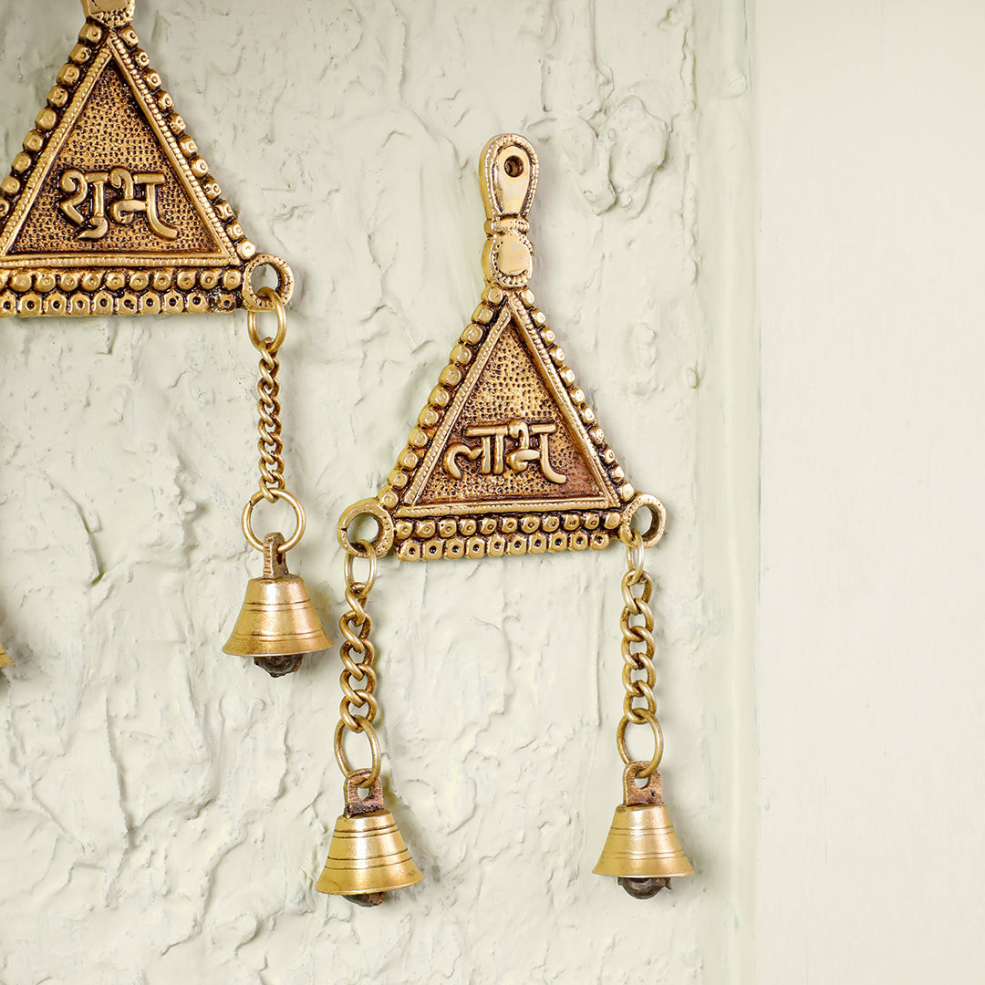 Brass "Shubh Labh" Hanging Bells Wall Decor – Pair - Image 4