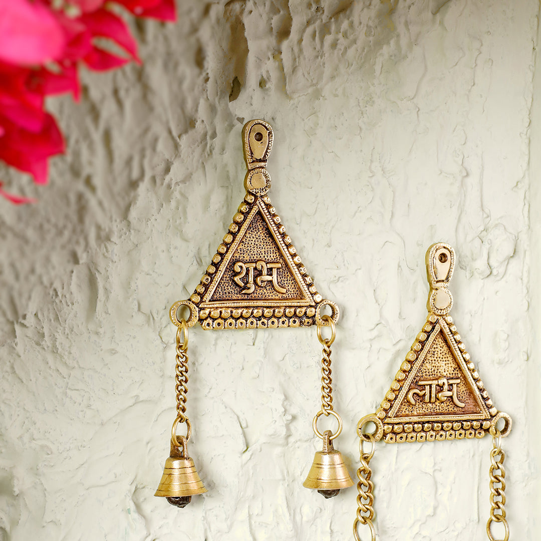 Brass "Shubh Labh" Hanging Bells Wall Decor – Pair - Image 5