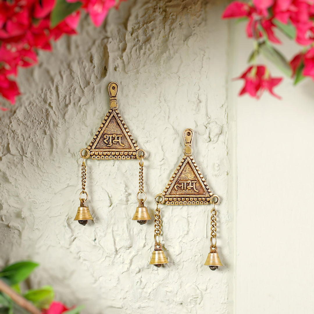 Brass "Shubh Labh" Hanging Bells Wall Decor – Pair - Image 3