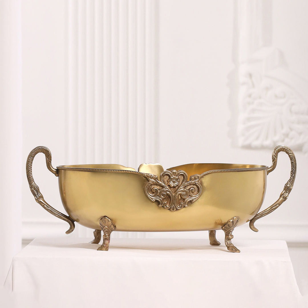 Brass Bowl Embossed Design With Decorative Style Handle (16 Inch) - Eco-friendly - Sama Homes