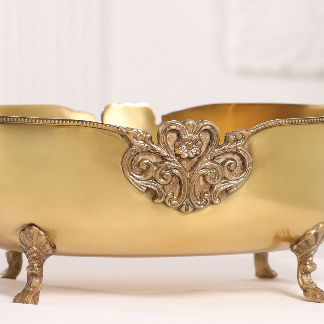 Brass Bowl Embossed Design With Decorative Style Handle (16 Inch) - Image 2