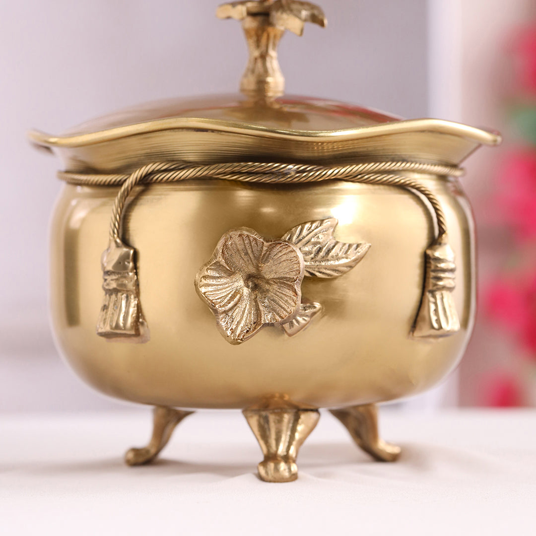Brass Decorative Handi with Lid Neck Ribbon Bow Design (6 Inch) - Image 2