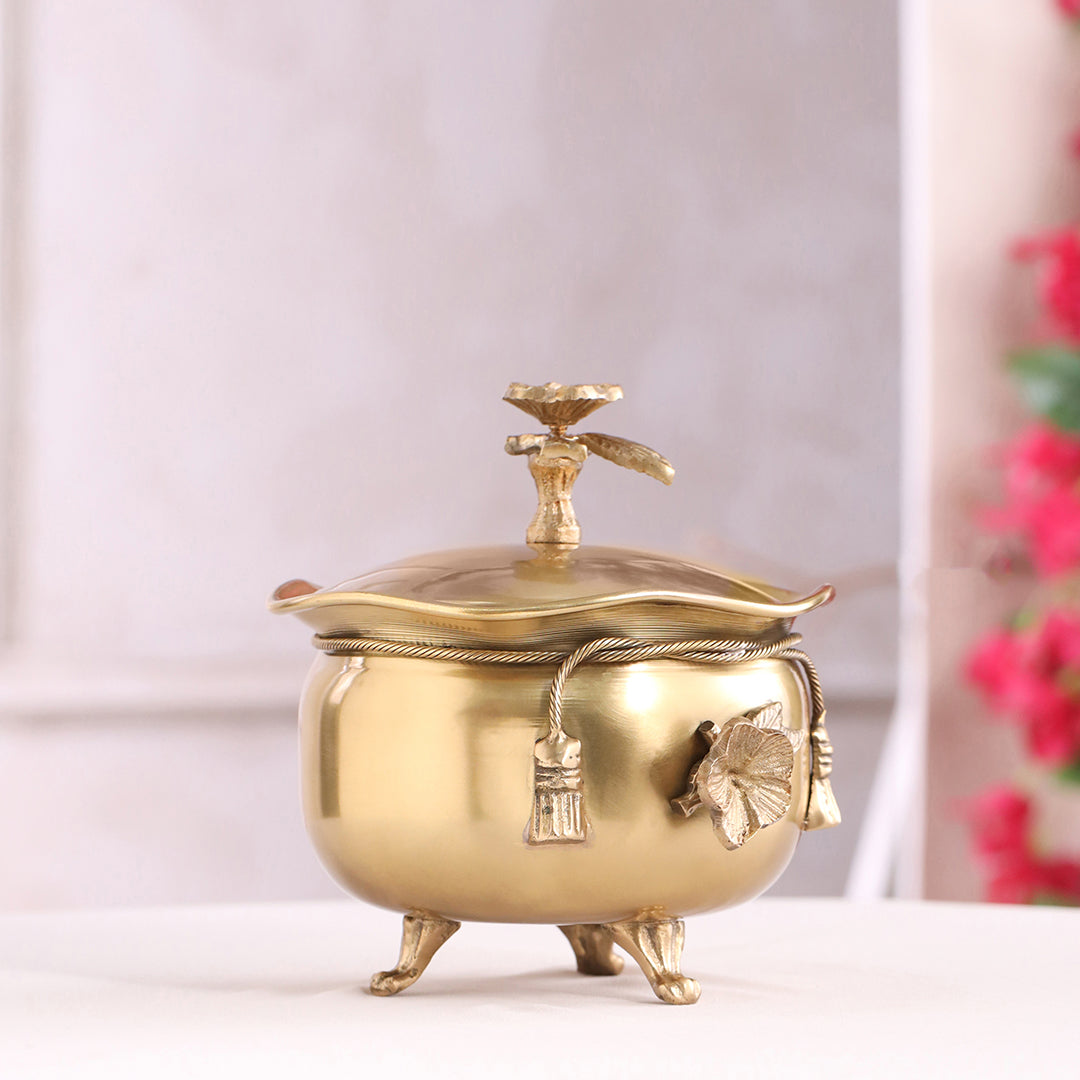 Brass Decorative Handi with Lid Neck Ribbon Bow Design (6 Inch) - Image 3