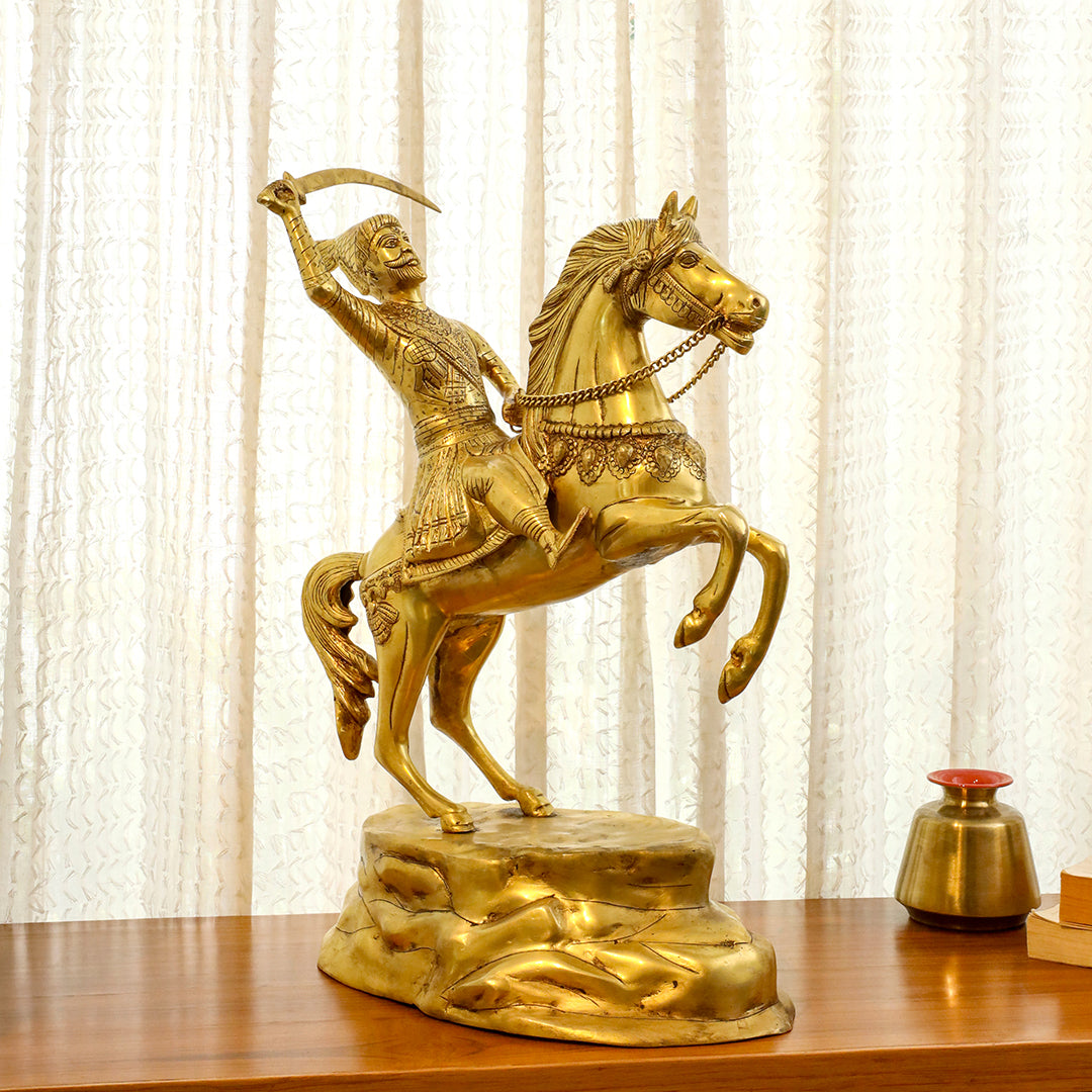 Brass Chatrapati Shivaji Maharaj On Horse Statue (22 Inch) - Eco-friendly - Sama Homes