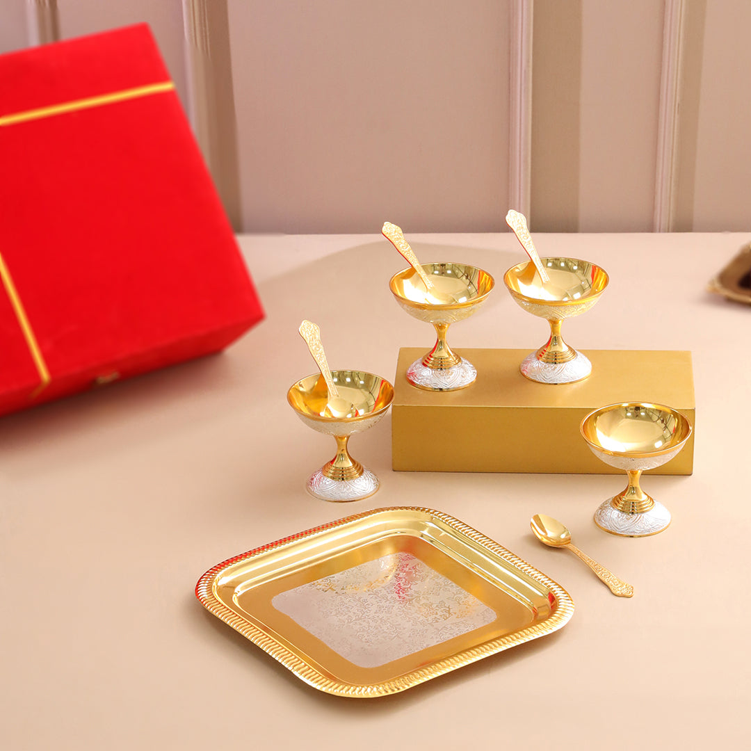 Image of Brass Silver & Gold Finish 4 Ice Cream Bowl & 4 Spoon And 1 Tray Set With Velvet box | TRAY span LENGTH | Premium Brass & Wood Decor | Sama Homes