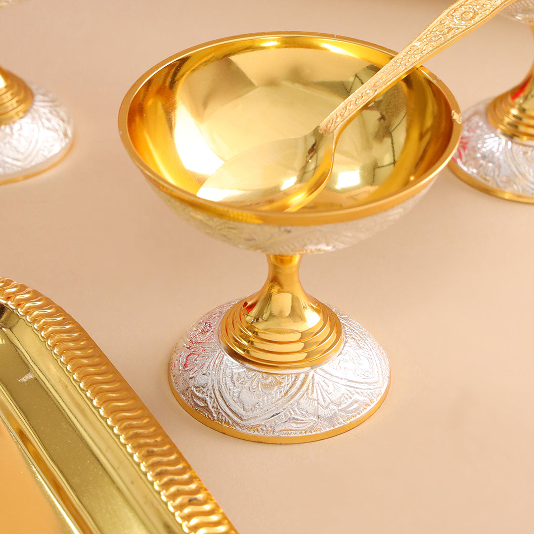 Brass Silver & Gold Finish 4 Ice Cream Bowl & 4 Spoon And 1 Tray Set W