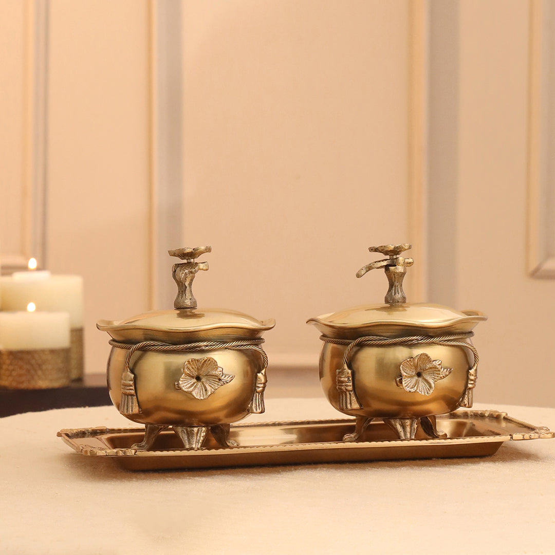 Image of Brass Ribbon 2 Bowl With Lid & Rost 1 Tray | RIBOON BOWL INCH | Premium Brass & Wood Decor | Sama Homes
