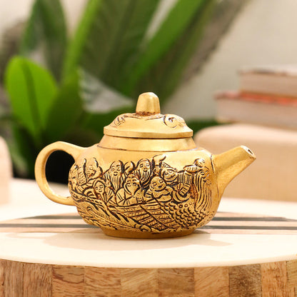 Handcrafted Brass Tea Kettle with Engraved Village Scene – Decorative Antique Patina – Image 7