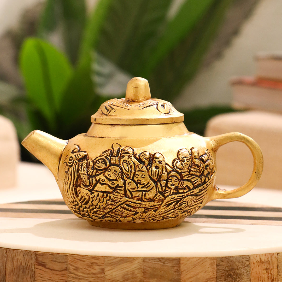 Handcrafted Brass Tea Kettle with Engraved Village Scene – Decorative Antique Patina – Sama Homes