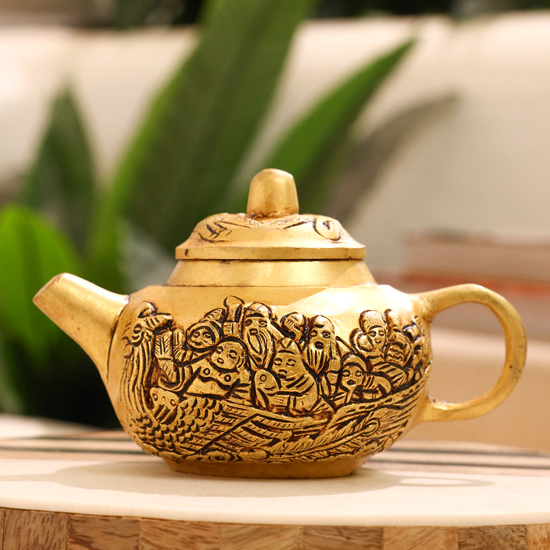 Handcrafted Brass Tea Kettle with Engraved Village Scene – Decorative Antique Patina – Image 2