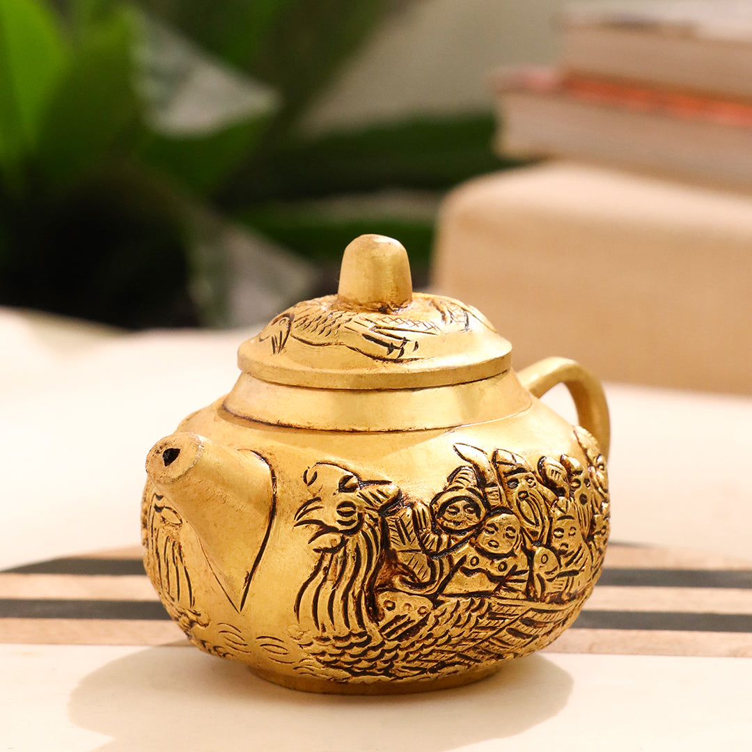 Handcrafted Brass Tea Kettle with Engraved Village Scene – Decorative Antique Patina – Image 3